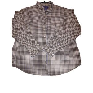 Hunt Club Mens XL Button Down Shirt Cotton Twill Gingham Check Navy Blue Tan